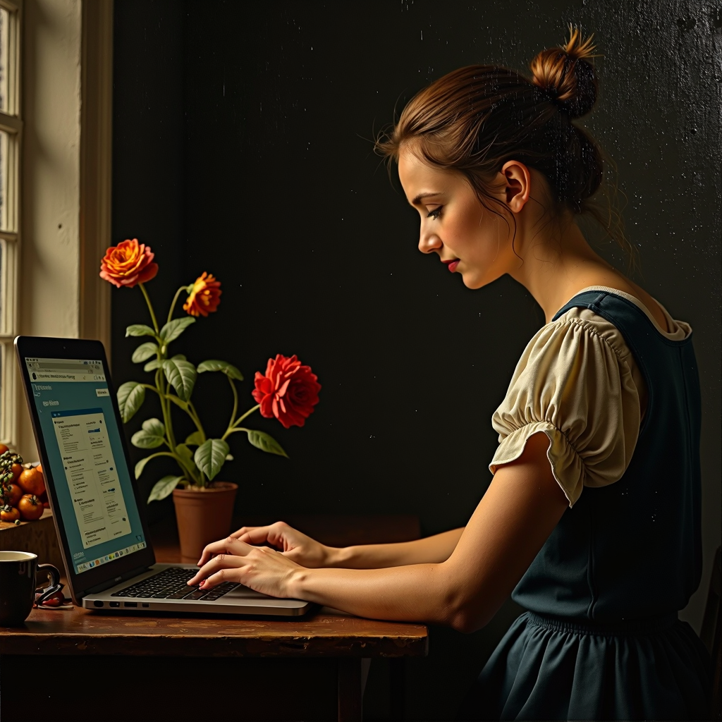 AI generated image meant to resemble an renaissance oil painting of a woman from that era working on a MacBook